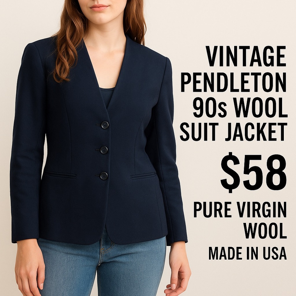 ⭐ Vintage Pendleton 90s Pure Virgin Wool Blazer - Small Petite -Navy Made in USA